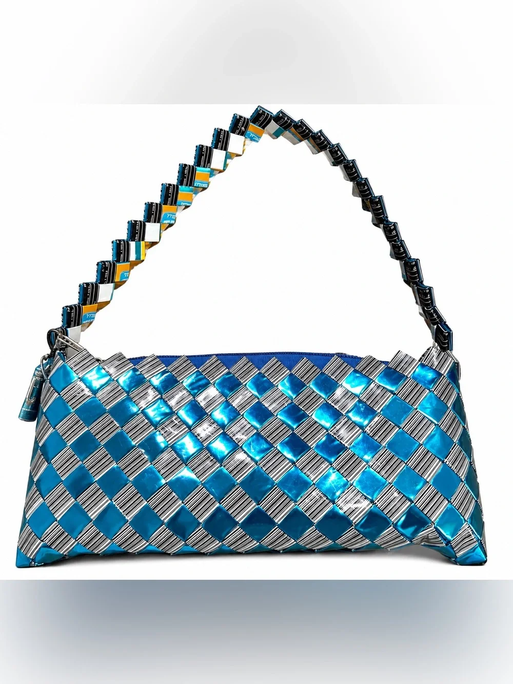 Handmade Recycled Wrapper Woven Shoulder Bag Blue Silver Artisan Purse